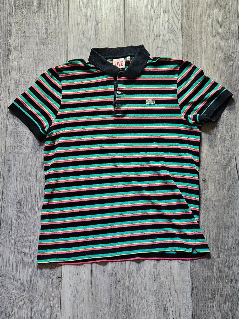 Lacoste LIVE Mens Polo Shirt Size 5 Medium Black Striped Teal Pink Pique Short